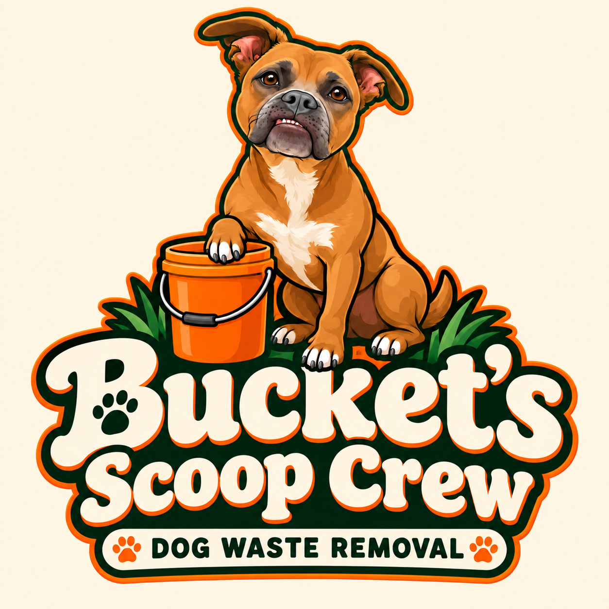 Bucket, a brown boxer mix with a little underbite, resting her paw on an orange bucket above the Bucket’s Scoop Crew logo